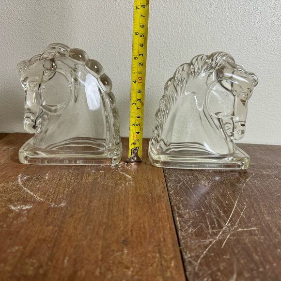 Federal Glass 1940s Clear Glass Horse Head Book End Pair (2 pc) Shelf Decor - Picture 2 of 9